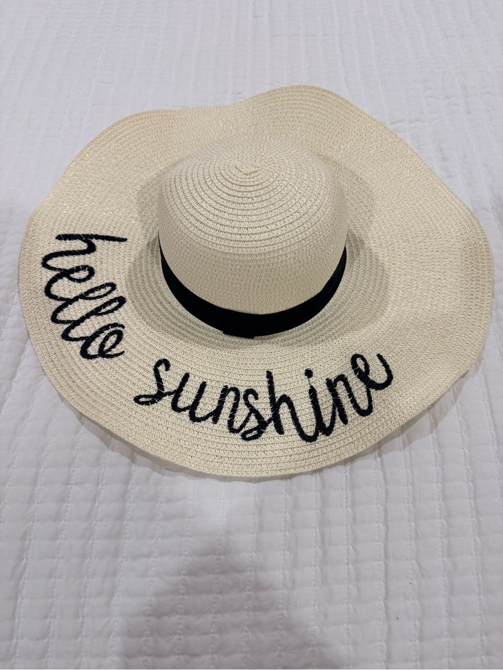 Wide-Brim Sun Hat - Cream with Black Embroidery